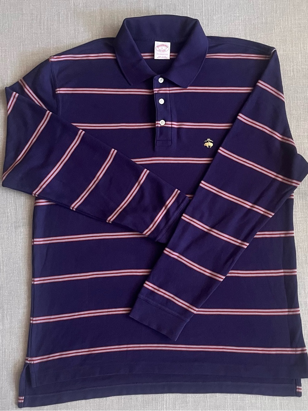 Brooks Brothers Navy 100% Pique Cotton Performance Polo - Orange & Blue Stripes